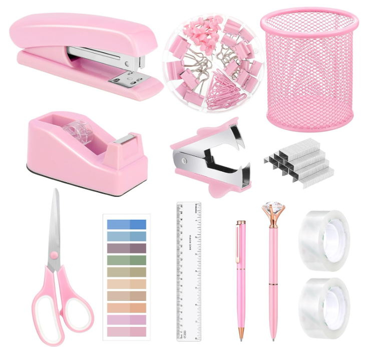 13 in 1 Pink Office Supplies, Pink Desk Accessories for Women with Stapler,Tape Dispenser,1000 Staples,Pen Holder,Staple Remover,Clips,Ruler,Scissors, Tabs,Tape,Ballpoint Pen