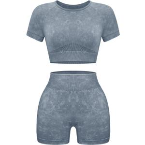 OLCHEE Womens Workout Sets 2 Piece - Seamless Acid Wash Yoga Outfits Shorts and Crop Top Matching Gym Athletic Clothing Set (XX-Large)