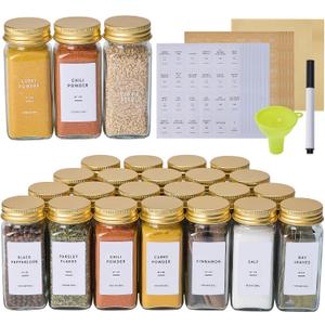 Fiwence 48 Pcs Glass Spice Jars with 576 Labels, 4oz Empty Square Spice Containers,Seasoning Bottles with Gold Metal Caps - Shaker Lids, Funnel and Pen Included