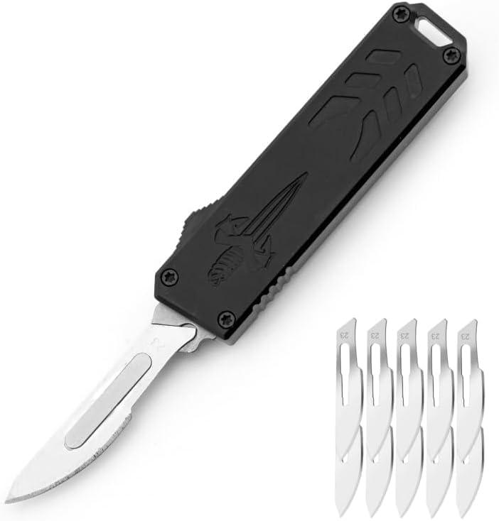 Automatic Utility Knife, Aviation aluminum Handle Push Button EDC portable utility retractable knife Box Cutter Scalpel Pocket Knife With Clip, 10Pcs Replacement Blades(Black)