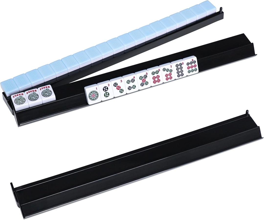 TIASUSAN 4PCS Mahjong Racks with Pushers for American Mahjong Tiles(Black), Mahjong All-in-one Tile Rack with Pusher Combo