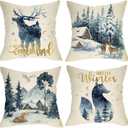 Hello Winter Wonderland Reindeer Fox Decorative Throw Pillow Covers 18x18 Set of 4, Forest Deer Owl Animal Snow Outdoor Porch Patio Home Christmas Decor, Blue Watercolor Tree Sofa Cushion Case