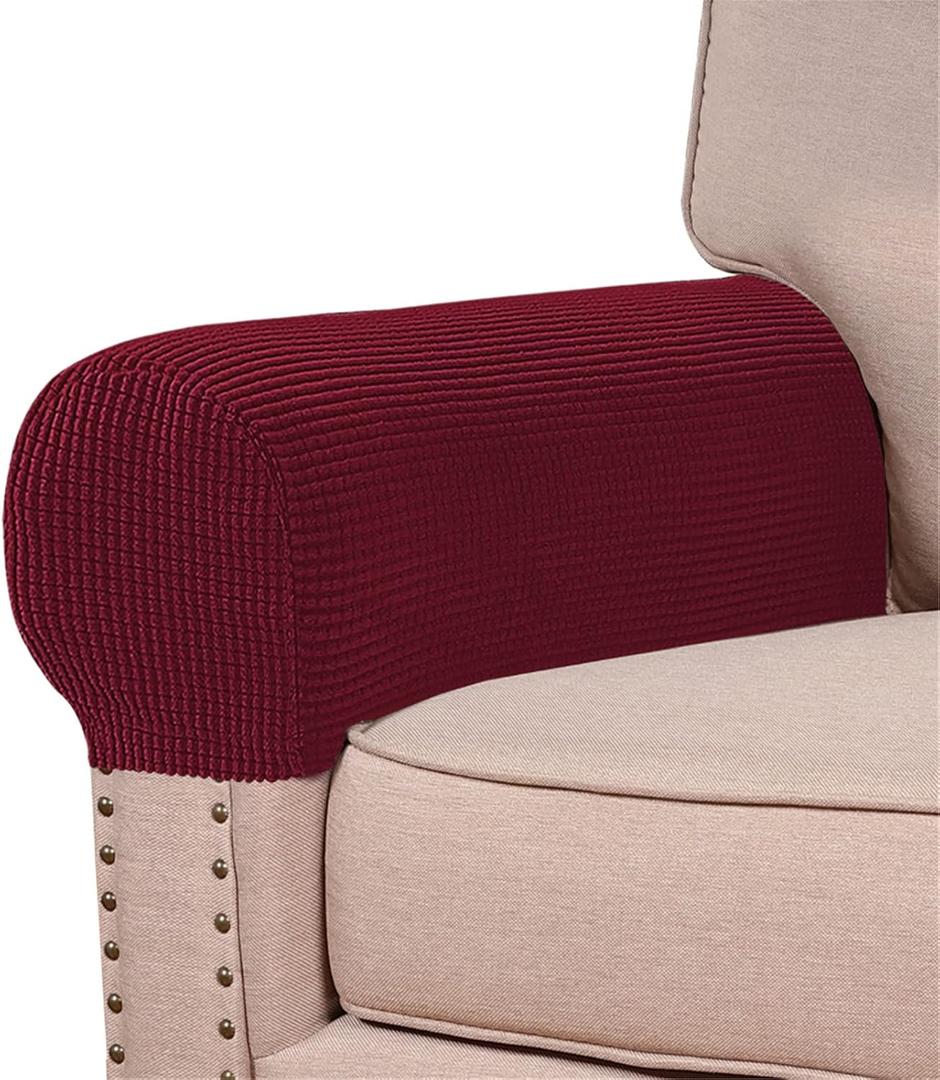 Stretch Armrest Covers (Set of 2)  Anti-Slip Spandex Jacquard Furniture Protectors for Chairs, Sofas & Recliners  Washable & Durable Slipcovers (Burgundy)