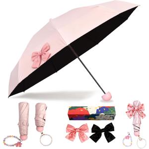 Pink Bow Umbrella, Mini Compact Windproof Folding Umbrella for Rain Wind, Portable UV Shade Sun Umbrella for Women Teen (regular)