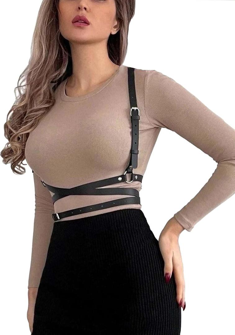 Leather Harness for Women Fashion Goth Chest Pu Black Harness Top Body Punk Belt Adjustable Waist Belts Rave Cosplay Halloween Accessories(Fits Waist 25-30in)