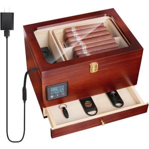 Cigar Humidor Cabinet with Electric Humidifier Precision Humidity Control Digital Display Double-Layer Cedar Shelves Glass Top Accessory Drawer, 65-Cigar Capacity, Father's Day Gift for Men (Brown)