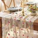 AerWo Champagne Floral Table Runner, 10FT Lace Embroidery Daisy Sheer Chiffon Spring Table Runners 120 Inches Long, Tulle Fabric Table Decorations for Party Holiday Dining Wedding Shower Decorations (1PCS)