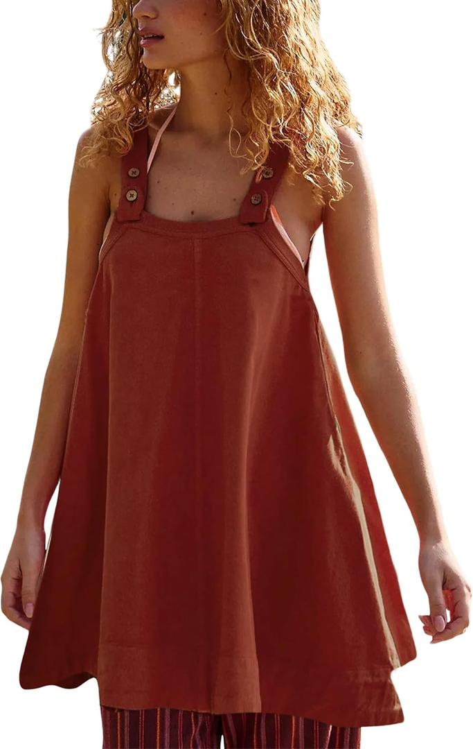 Yeokou Women Mini Dress Sleeveless A-Line Adjustable Button Straps Scoop Neck Cropped Loose Slip Dress with Pockets(Rust-XS)