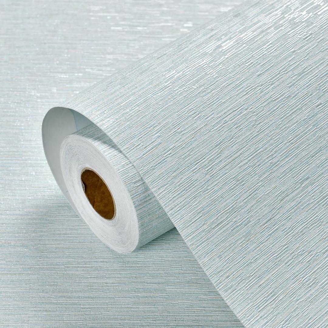 Haimin Grasscloth Wallpaper Peel and Stick 20.9in X 393in Fabric Contact Paper Wall Paper Textured Wallpaper Horizontal Stripes Look Self-Adhesive Thick Vinyl Embossed (Light Blue)