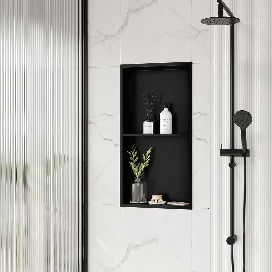Neodrain No Tile Shower Niche Insert Tile Ready, Black Recessed Wall Niche for Shower Organizer(Inner Size 12"x24") - Stainless Steel Built-in Bathroom Shelf, No Tile Needed, Matte Black