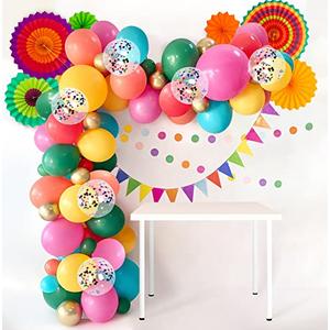 Cinco De Mayo Fiesta Party Decorations - Mexican Themed Balloons Garland Arch Kit + Paper Fans for Birthday Decor Supplies (No Air Pump,Dot&Pennant Banner)