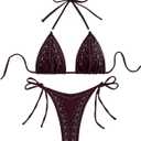 WDIRARA Women's 2 Piece Bikini Set Halter Triangle String Rhinestone Swimsuit Bathing Suit (Burgundy) Small