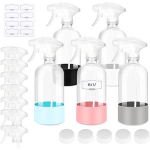 5 PACK/16 OZ Glass Spray Bottles with Upgraded Adjustable Spray Nozzle, Refillable Containers with Silicone Sleeve, Spray Bottle for Hair&Cleaning Solutions&Essential Oils-Pink Blue Gray Black White