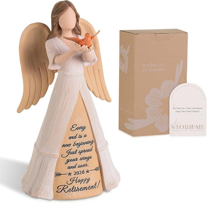 Storieme Retirement Gifts for Women 2025: Happy Retired Gift for Woman Nurse Coworker Teacher Doctor Friend Angel Figurine for Retirement Party Decorations