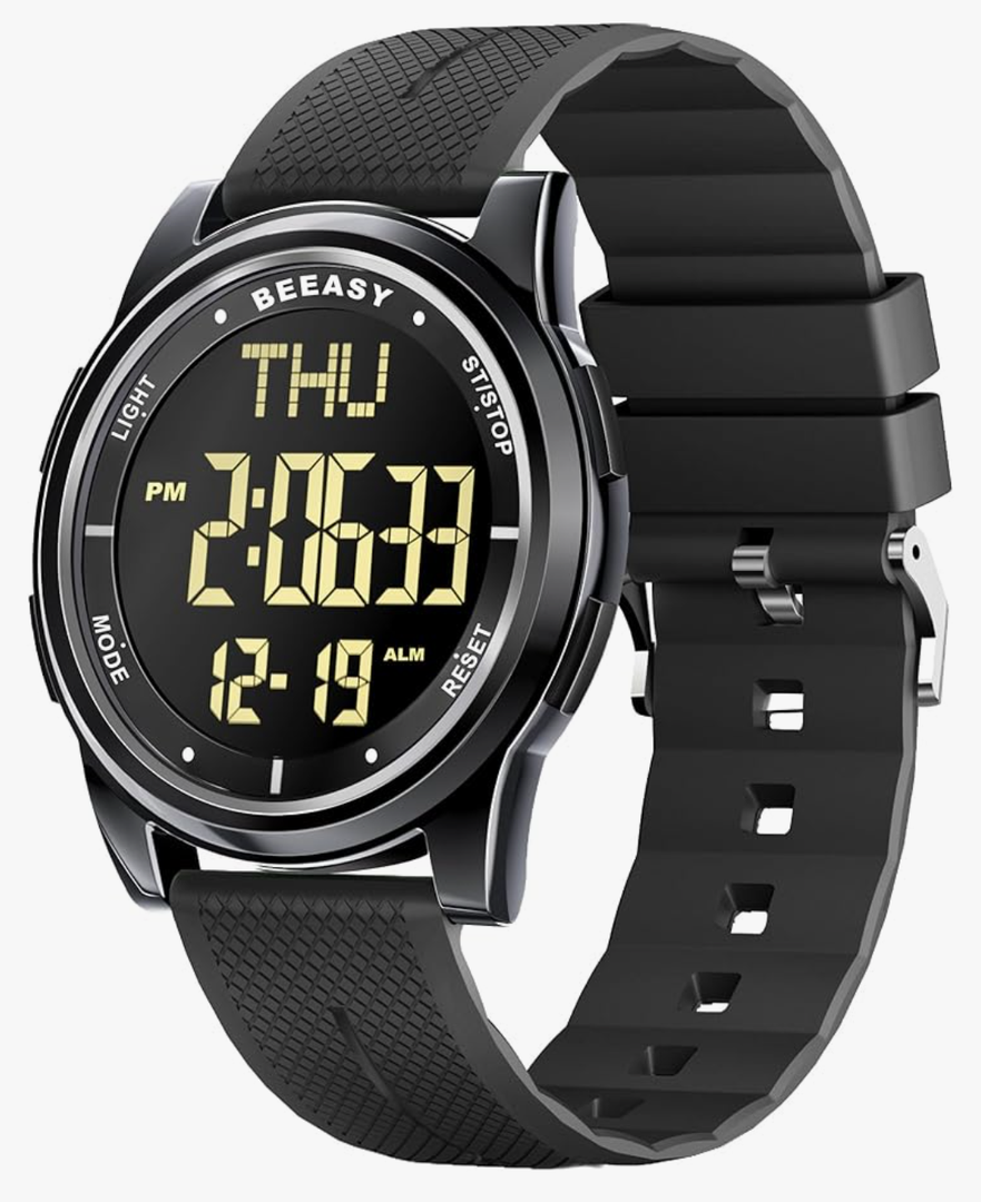Beeasy Digital Watch Waterproof with Stopwatch Alarm Countdown Dual Time, Ultra-Thin Super Wide-Angle Display Digital Wrist Watches for Men Women, Bla