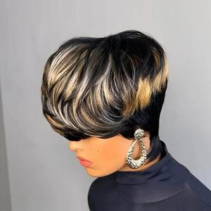 Short Pixie Cut Wig for Black Women Human Hair Multicolor Layered Haircut Short Wigs Glueless Wig with Bangs Full Machine Made Quick Get Up and Go Wigs (1B/30/613)