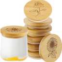 Gueevin 6 Pieces Yogurt Jar Lids Bulk Bamboo Wooden Lids Set Compatible with Oui Yogurt Jars Round Reusable with Silicone Sealing Rings Brave Flower Rose Sunflower Daisy for Kitchen Food Storage