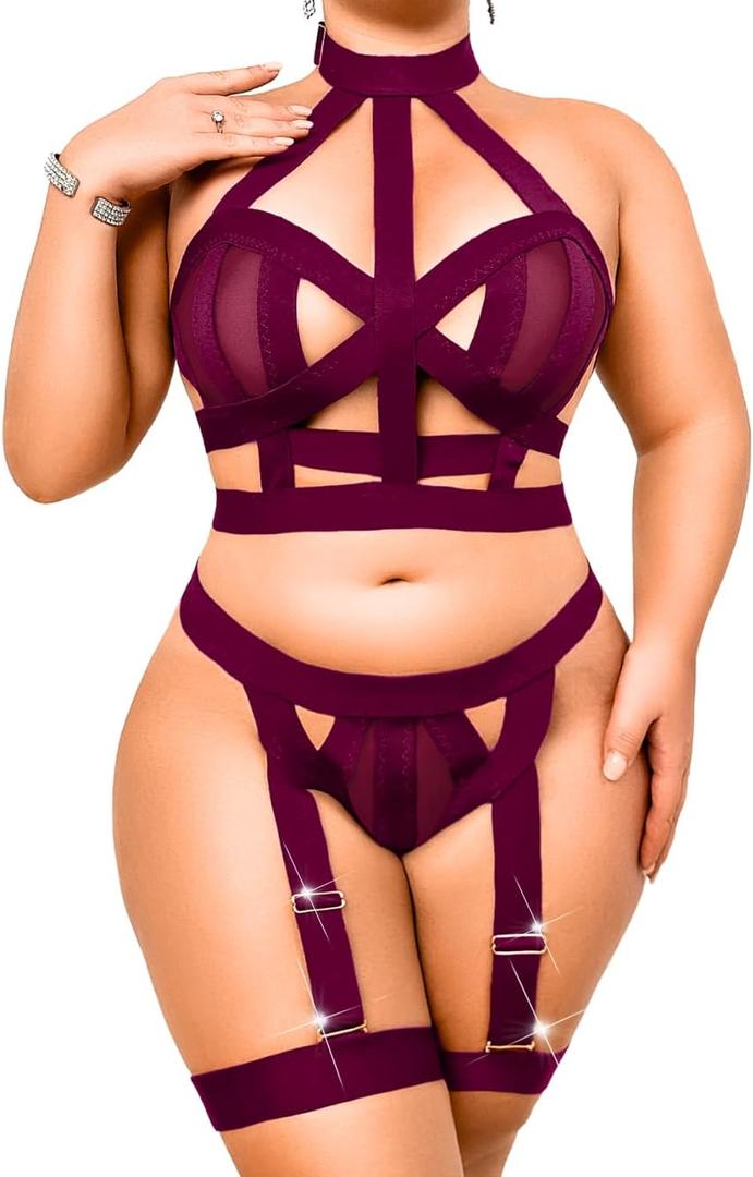 ChiaoLezhee Curvy Lady's Strappy Lingerie For Women, Plus Size Exotic Garter Thong, BBW Halter Gifts For Him 3 Piece Set, Fuchsia, XXX-Large