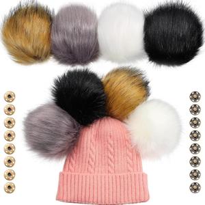 Juinte 8 Pcs 6 Inch Large Fur Pom Pom Balls for Hats Fluffy Faux Fur Pompom Balls with Snap Button for Hat Shoes Scarves Bag Charms DIY Crafts (Classic Color)