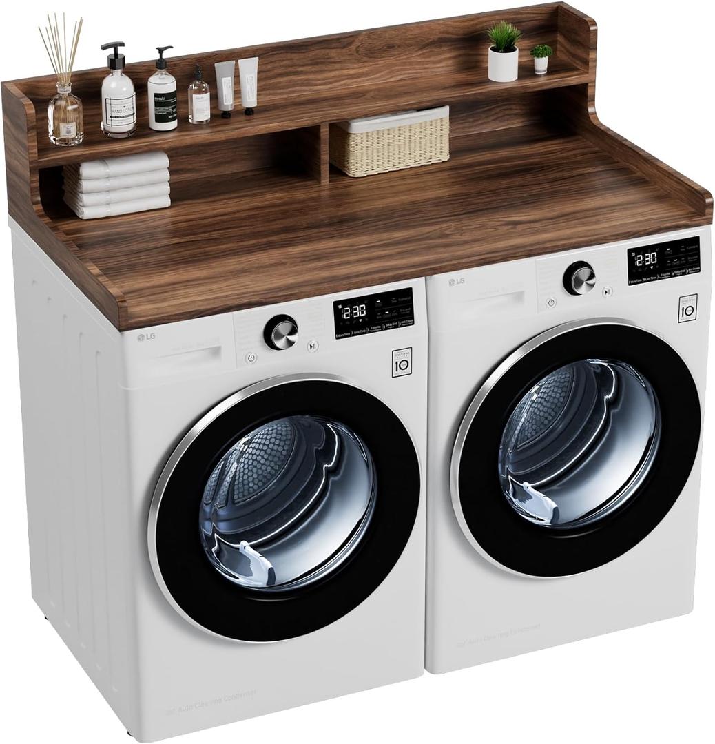 2-Tier Washer Dryer Countertop with 2.85" H Edge Rails, 54" Width x 27.5" Wooden Depth Washer Dryer Topper, Laundry Countertop Over Washer and Dryer for Laundry Room Organization and Storage (Brown)