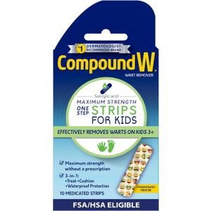 Compound W Kids One Step Wart Remover with Salicylic Acid, Wart Removal Strips for Kids Ages 3 & Up, Waterproof, 10 Count