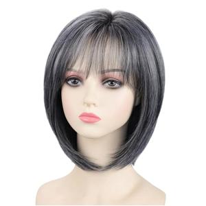 RENERSHOW Grey Medium Length Bob Wig with Bangs Layered Straight Hair Wigs for Women Salt Pepper Wig with Dark Roots Natural Dark Grey Daily Hairstyle Lightweight Hair Replacement Wig