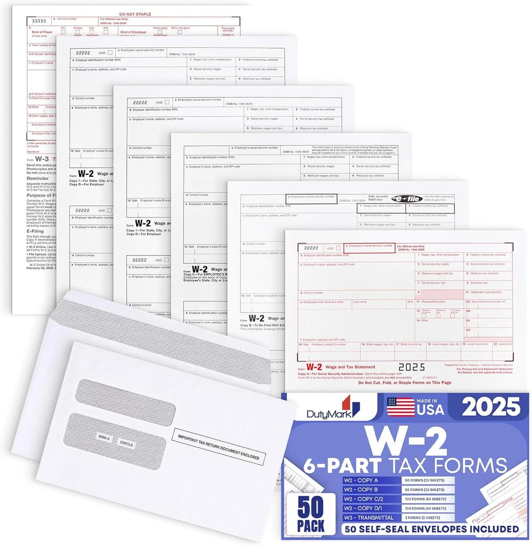 50 W2 Forms 2025 with Envelopes, 6 Part W2 Tax Forms for 50 Employees IRS Compatible Laser Forms with 3 W3s, Works with Quick Books in Other Software - Includes 50 Self-Seal Envelopes