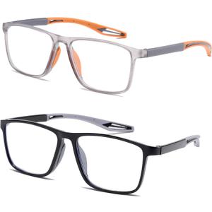 Reading Glasses Men 2 Pairs Sports Style Comfortable and Flexible Blue Light Blocking Readers for Men (Black & Grey)