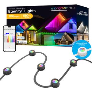 Enbrighten Vibe Eternity Permanent Outdoor Lights for House, 150ft, 108 RGBWIC LEDs, Close Spacing, 33lm, Color Changing, Christmas, Eave Lighting, Smart App, Works with Alexa, Google Home, 85103