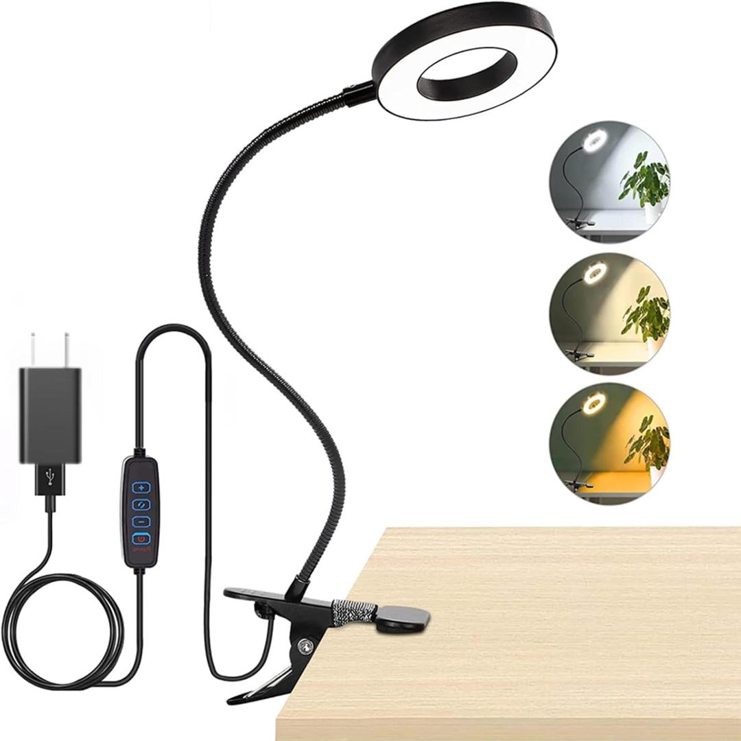 Brokimis Clip on Light LED Reading Book Study Lamp 3 Color Modes 10 Brightness Eye Protection 360 Flexible Gooseneck Student Dormitory Office Desk Lamp at Night in Bed, Black