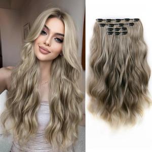 Invisible Wavy Clip in Hair Extensions Clip ins 22 Inch Long Synthetic Fiber Curled Clips on Hairpieces for Women 4PCS Heat Resistant Extension Ash Brown mix Bleach Blonde for Daily Use