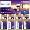 Philips 9V Batteries Lithium 9 Volt Battery 8 Pack Ultra Long Lasting 9V Battery for Household and Office Devices Smoke Detector (Non-Rechargeable)
