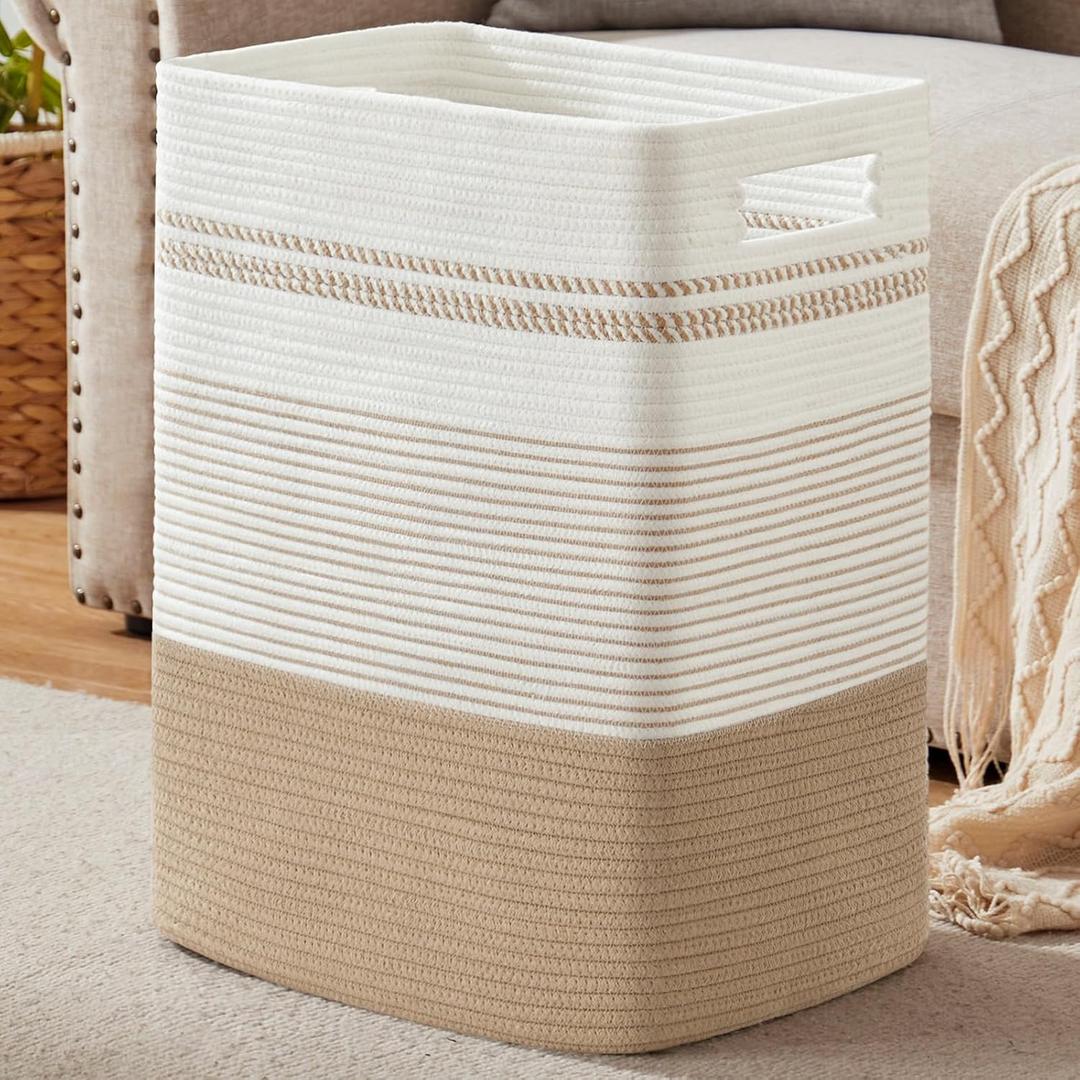 Laundry Basket, Large Woven Rope Tall Laundry Basket with Handles, Decorative Storage Basket for Clothes and Blankets in Living room, Bedroom (80L, Jute & White)