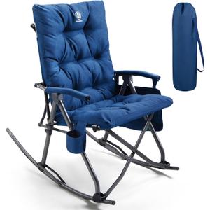 EVER ADVANCED Oversized Folding Rocking Camping Chair, Padded Portable Rocker Chair for Patio, Lawn and Outdoors, Heavy Duty Hard Armchair for Adults Supports 400lbs, Blue