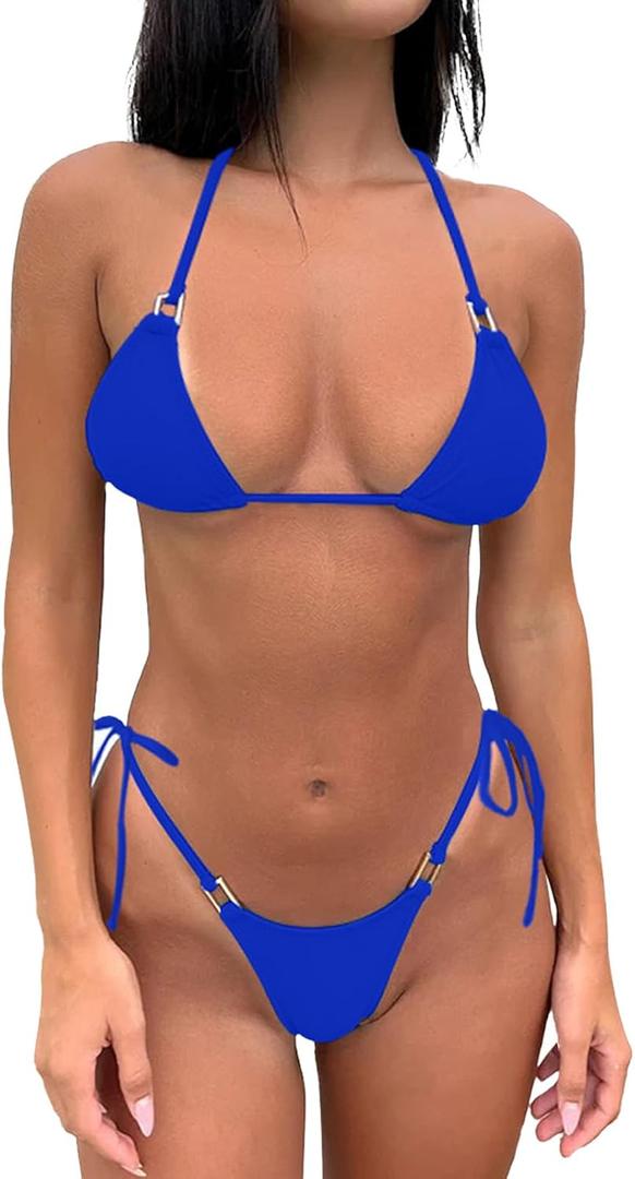 Thong Bikini Set for Women Halter String Bikini Cheeky Two Piece Swimsuit Adjustable Bathing Suit (Medium, Blue)