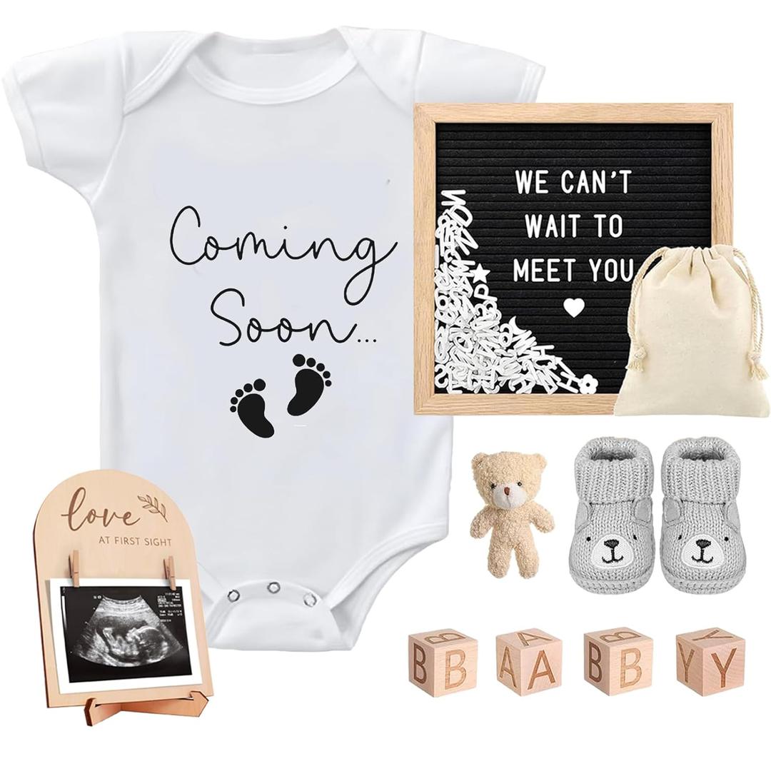 9 Pcs Pregnancy Announcements Set, Include Felt Letter Board Baby Bodysuit Shoes and Wooden Sign Surprise Announcement for Grandparents Partner Gift Family Reveal(White Coming soon-grey shoe)