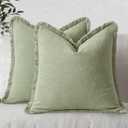 MIULEE Decorative Throw Pillow Covers Neutral Linen Fringe Throw Pillows Set of 2 Sage Green Boho Farmhouse Cushion Covers with Tassels for Couch Sofa Bed Living Room Spring Home Decor 20x20 Inch