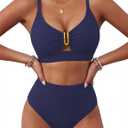 BMJL Womens High Waisted Bikini Sets Ribbed V Neck Lace Up Back Swimsuits | durable and non-see-through fabric, push up top, adjustable straps, removable pads, metal U-wire, color block, full coverage (Blue, L)