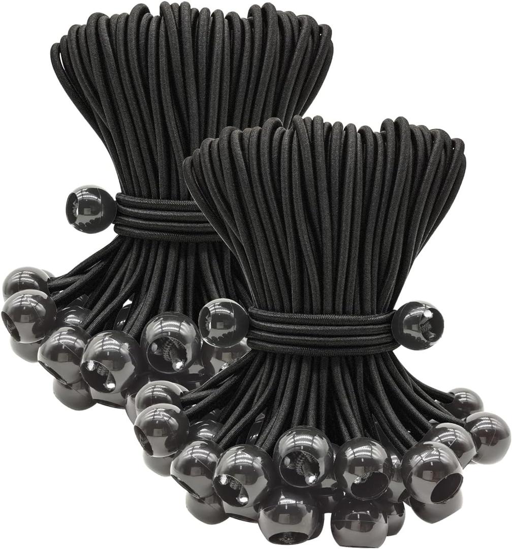 ABINLIN Ball Bungee Cords 6 Inch, 100 Pcs Bungee Cords with Balls, Tarp Tie Downs Heavy Duty Outdoor, Black