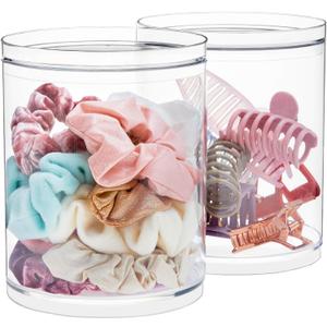 STORi Bella Tall Scrunchie Holder | Stackable Clear Plastic Container (Set of 2) Round Vanity Storage Organizers with Lids for Hair Accessories & Beauty Supplies | Made in USA