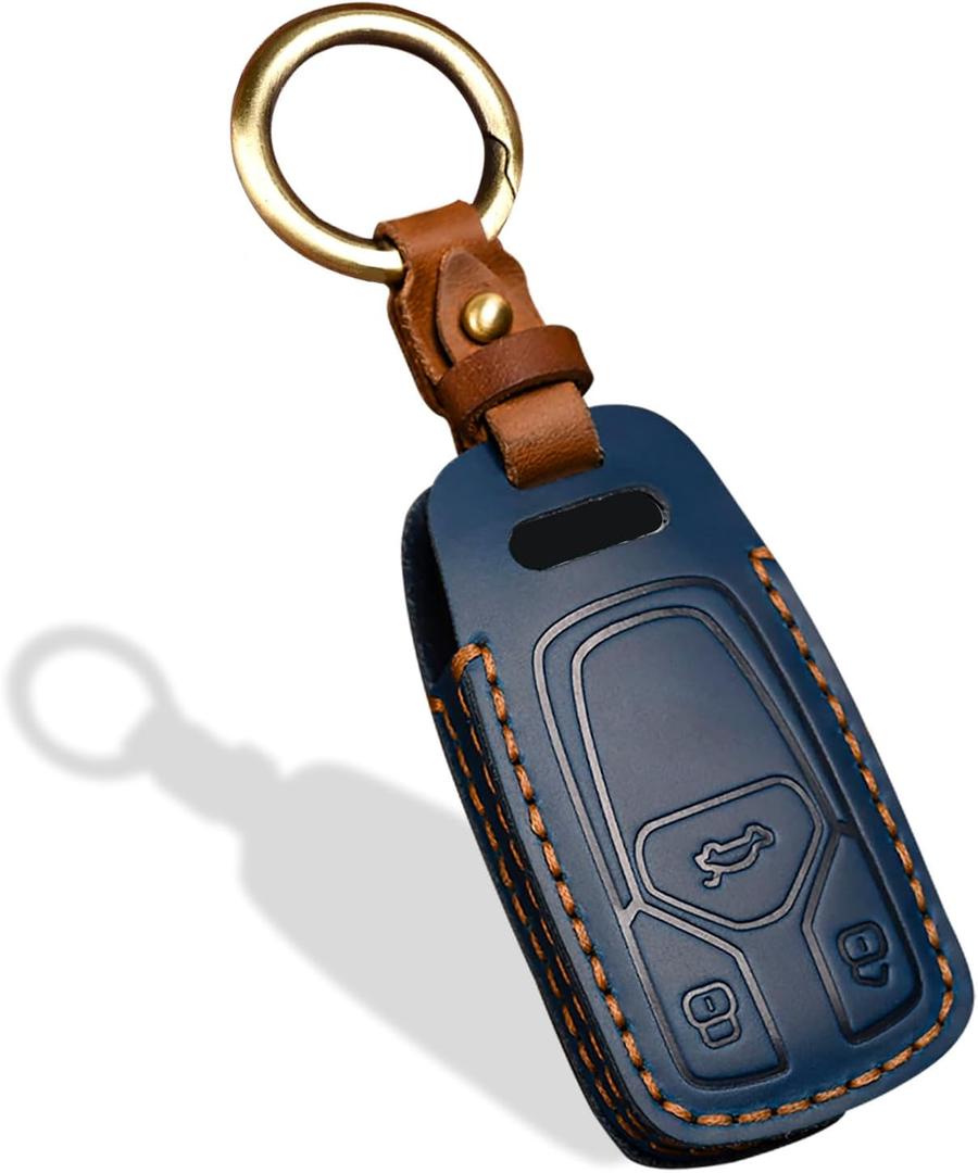 OLLEN Screws-Free Genuine Leather Key Fob Cover, Fit for Audi A3 A4 A6 Q5 Q7 SQ5 S5 TT R8,etc, Leather Smart Remote Key Protector, 3 Buttons, A Style, Blue