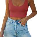 REORIA Butsmooth Women's Basic Sexy Deep Scoop Neck Double Lined Seamless Sleeveless Cropped Cami Tank Yoga Crop Tops (Large, Ribbon Red)
