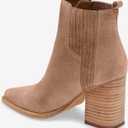 Imily Bela Womens Ankle Boots Pointed Toe Chunky Stacked Mid Heeled Faux Suede Leather Booties (8.5, Khaki)
