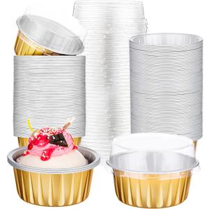 200 Pack Aluminum Foil Cupcake Liners with Lids, 5 oz Round Baking Cup, Disposable Ramekin Container for Graduation Wedding Memorial Patriotic Party(Gold,Plain)