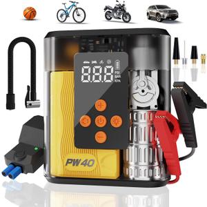 Jump Starter with Air Compressor, 4000A Peak Car Battery Charger, 200 PSI Tire Inflator, Heavy Duty Power Pack for Up to 9.0L Gas, 8.0L Diesel Engines, LED Light, USB Ports, Emergency Road Kit