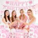 106 Pcs Pink Bow Party Decorations Cute Bow Coquette Supplies for Princess, Bridal Party with Pink Banner, Hanging Swirls, Cake and Cupcake Toppers, Balloons and Stickers(Birthday)