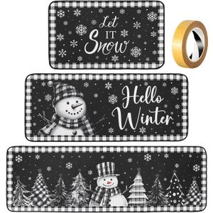 Sets of 3 Winter Snowman Kitchen Rugs and Mats Non Slip Washable Black White Snowman Door Mats for Floor Home Bathroom Cabin Winter Decor, 3 Sizes
