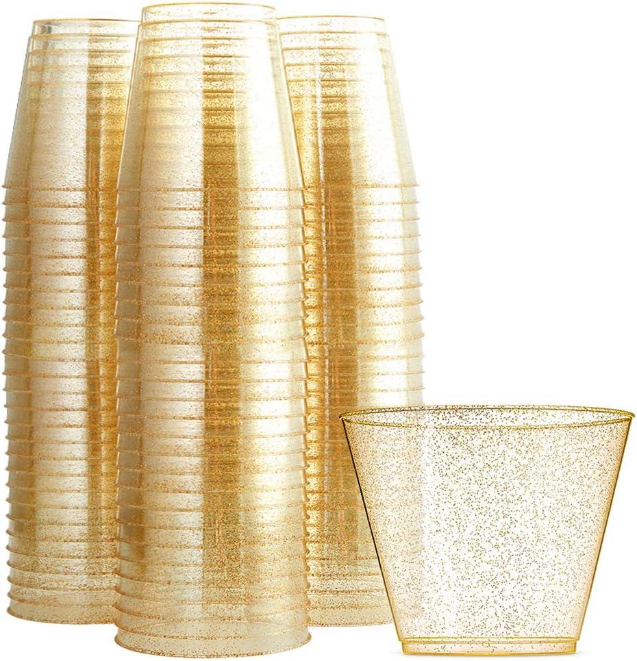 WDF 200pcs 9OZ Gold Cups,Disposable Premium Wedding Gold Glitter Plastic Cups for Party