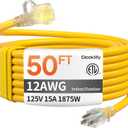 12 Gauge 50 FT Heavy Duty Outdoor Extension Cord Waterproof with Lighted End,Yellow 12 Gauge Extension Cord Flexible and Cold Resistant 3 Prong Grounded Plug,15Amp 1875W SJTW ETL Listed