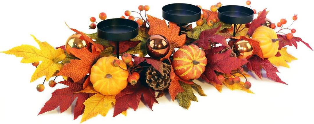 Fall Candle Holder Centerpiece for Table  Thanksgiving Table Decor with Pumpkins, Maple Leaves,Autumn Harvest Decoration with 3 Candle Holders for Dining Table, Fireplace & Home Decor (Red)